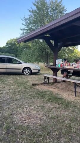 A group of people are gathered under a wooden shelter at a picnic area. There are several picnic tables laden with food and drinks, and people are seated and standing around them. A car is parked to the left of the shelter. In the foreground, a person is sitting in a lounge chair, facing away from the camera. The environment appears to be a grassy area with trees in the background, suggesting an outdoor recreational space. The lighting suggests it is daytime, possibly late afternoon or early evening.