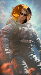 Digital composite places a selfie face inside an astronaut helmet visor.