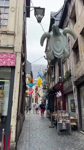 The video shows a narrow, cobblestone street lined with old, timber-framed buildings. The street is decorated with various inflatable animals, including a large turtle hanging from a lamppost, an alligator, and several fish. A few people are walking down the street, and there are outdoor tables and chairs set up outside a restaurant. The sky is overcast.