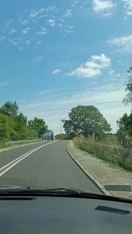This video captures a first-person perspective drive towards a green truss bridge, likely in Gryfino, Poland. The scene is set on a sunny day with a bright blue sky dotted with fluffy white clouds. The road ahead is paved, with clear white lane markings indicating it's a two-lane road. On the left, a metal guardrail lines the road, bordered by lush green trees. To the right, a paved pedestrian walkway is visible, also bordered by a guardrail and tall, dry grass.

The bridge itself is the focal point as the vehicle approaches. It's a distinctive green metal truss bridge, appearing to span a body of water or a significant depression. Red accents are visible on the bridge's supports and parts of the road leading onto it. A tall pole with a traffic signal or marker stands near the right side of the bridge entrance. A flock of birds is seen in the sky to the left of the bridge.

The activity is straightforward: a car is driving towards and will soon cross the bridge. The time of day appears to be midday, judging by the bright sunlight and clear sky. The overall mood is peaceful and scenic, characteristic of a rural or suburban drive on a pleasant day. No people are visible in the shot. There is some faint text on the right side of the video frame, but it is illegible.