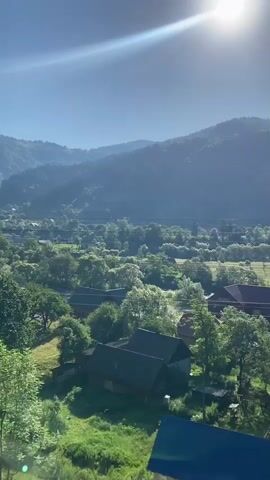 This is a landscape video shot from a high vantage point, overlooking a village nestled in a valley. The sun is shining brightly in a clear blue sky, suggesting it is daytime, likely morning due to the low angle of the sun and the soft light. The scene is lush and green, with rolling hills covered in dense forests stretching into the background. In the foreground and mid-ground, several houses with dark roofs are scattered amongst trees and verdant fields. A paved road winds through the village, and power lines are visible traversing the scene, supported by wooden poles. The overall impression is one of a peaceful, rural setting in a mountainous region. The specific location of Kvasy, Ukraine, indicates a setting within the Carpathian Mountains. There are no visible people or discernible activity beyond the static landscape. The emotional tone is serene and tranquil, evoking a sense of natural beauty and quietude. There is no visible text within the media.