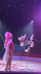 Circus performer in pink costume captured on stage in Gabrovo