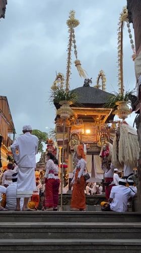Tourist takes selfie with dog at ornate Balinese temple