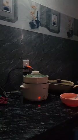 In a dimly lit kitchen with a black countertop and gray marble-patterned backsplash, a white multi-cooker labeled “Magic” steams gently. The appliance is plugged into an outlet with a small carrot figure attached to the cord.  To the right of the cooker, a covered pot and a peach-colored bowl containing a spoon rest on the countertop. The room is dark with only a small amount of light reflecting off the countertop and the kitchen tiles.  Three framed pictures hang on the wall above the cooking area.  A dark-colored cloth rests on the left edge of the frame.