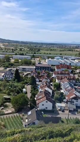The video is a high-angle, drone-like shot looking down on a residential neighborhood. In the foreground, there are green, leafy plants, likely a vineyard, with some of the plants in focus and others blurred. The neighborhood consists of numerous houses with red-tiled roofs and white walls. Some houses are two stories high, while others appear to be a single story with dormer windows. Cars are parked on the streets and in driveways. Beyond the houses, there are larger, industrial-looking buildings with white and grey facades, some with solar panels visible on the roofs. Further in the distance, there are fields and a hazy mountain range under a partly cloudy blue sky. The overall impression is a semi-rural or suburban setting on a clear day.