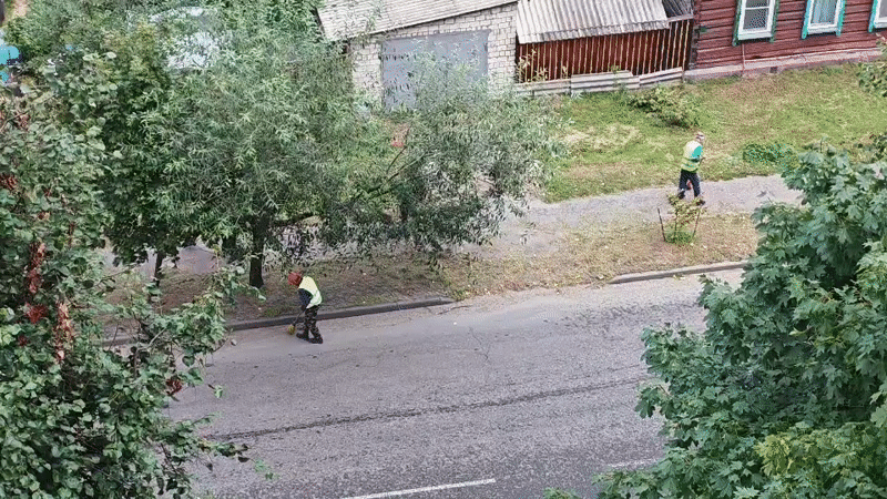 Street cleaning crew and a quiet morning at home in Homyel