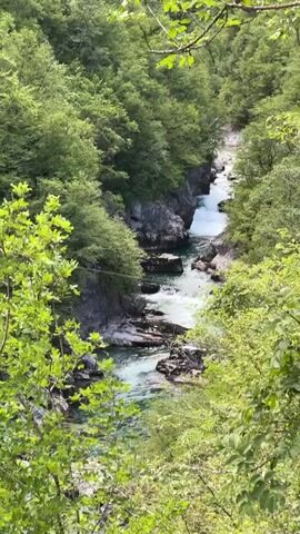 The video shows a river flowing through a rocky canyon. The water is clear and turquoise in color, and there are small waterfalls along the river's course. The canyon walls are covered in dense green trees and vegetation. The camera pans up to reveal a tall mountain in the distance.