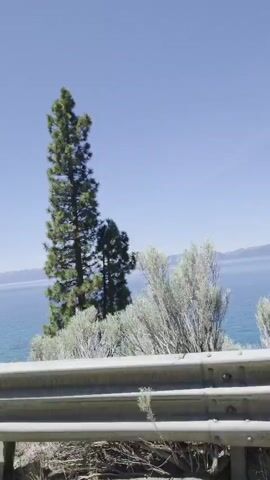 The video shows a scenic view of a large lake with mountains in the background under a clear blue sky. The camera is positioned behind a metal guardrail, moving from left to right, revealing the expansive body of water. As the camera pans, a tall pine tree is visible on the left, and another, shorter group of trees appears further along the shoreline. In the latter half of the video, an "END WORK ZONE" sign on an orange pole becomes visible. The water appears blue and calm.