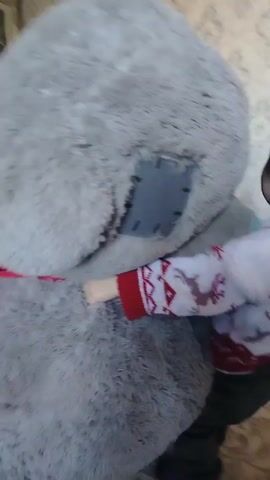 A toddler embraces a very large teddy bear that is wearing a red t-shirt. The toddler is dressed in a white sweater with a red trim and deer pattern. They also have on dark pants and shoes. The room has patterned wallpaper and a patterned rug. There is a partially visible door in the background.