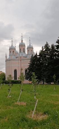 Pink Gothic church views in Saint Petersburg