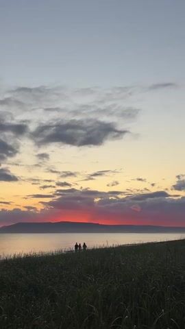 The video shows a wide shot of a coastal landscape at sunset. In the foreground, tall, dark green grass lines a gentle slope leading down to a calm body of water. Three silhouetted figures stand on the shoreline, facing the water and the sunset. The sky is filled with dramatic clouds, with a vibrant band of red and orange illuminating the horizon where the sun is setting. The water reflects the colors of the sky, creating a serene and picturesque scene. The camera pans slightly, offering a wider view of the water and the distant shoreline, which appears as a dark, undulating line against the brightly colored sky. The overall atmosphere is peaceful and tranquil.