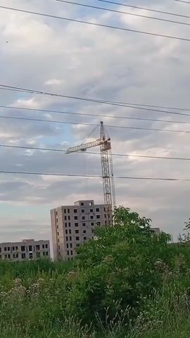 A long shot shows a construction site under a cloudy sky. In the foreground, lush green foliage and wildflowers grow. Behind the foliage, a tall, yellow construction crane stands to the left of the frame, its jib extended. To the right of the crane, a multi-story concrete building under construction with exposed floors and window openings is visible. Further to the right, a concrete pump boom with a blue hose curves upwards. Power lines stretch horizontally across the upper portion of the frame.