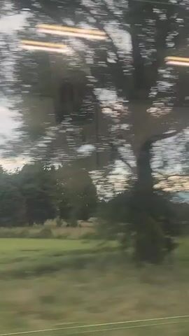 The video shows the view from a train window. The train is traveling through a rural area, with green fields and trees. There are also some buildings, including a large industrial building with graffiti. The sky is cloudy.