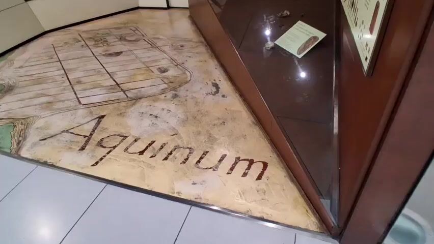 The video shows a floor map of an ancient city or settlement, labeled "Aquinum". The map is detailed, with outlines of buildings and structures, and is colored with green for areas of vegetation or water, and earthy tones for the ground. The map is inlaid into a tiled floor, with a wooden display case or partition at an angle to the right. The display case contains some objects and a pamphlet. The lighting in the room is somewhat dim, with some bright spots on the map and in the display case. The camera is panning slowly across the map.