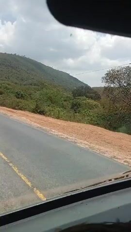 The video is shot from inside a vehicle traveling along a paved road in a rural area. The road is flanked by natural landscapes including lush green hillsides and trees. Throughout the video, several other vehicles pass in the opposite direction, including a yellow Isuzu truck with a large covered load, a white and red minibus with the word "TRANSLINE" on its side, and a white Mercedes-Benz truck. The sky is visible, showing scattered clouds. The view from the vehicle provides a clear perspective of the traffic and the scenery, showcasing a vibrant and active roadway set against the natural backdrop. The interior of the vehicle recording is also partially visible.