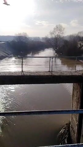 The video shows a river flowing over a dam structure, viewed from a nearby walkway. The river is wide and murky. A concrete dam with a metal railing spans the water. The walkway has a gravel surface and concrete posts with blue railings. In the distance, the landscape is characterized by low hills and sparse vegetation. The sky is bright, suggesting a sunny day. As the video progresses, the viewpoint changes, revealing the dam's design and the cascading water. Water flows over the dam in a turbulent rush. The river flows into a deeper canyon downstream. The camera moves again showing the walkway and the canyon.
