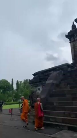 Here is a concise description of the video:

The video shows a group of people, including two Buddhist monks in orange robes, ascending a stone staircase that leads to a section of an ancient stone structure, possibly a temple or monument. The sky is overcast and the surrounding environment includes trees and grassy areas, suggesting the structure is located in a park or open space. The individuals are of varying ages and are casually dressed, indicating they may be tourists or visitors. The camera angle is from below, looking upward at the stairs and the structure.