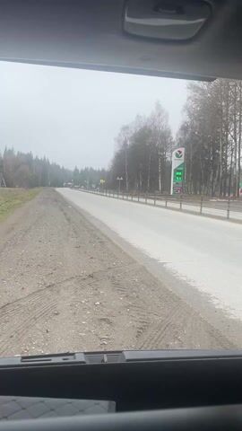 The video, filmed from inside a vehicle, captures a view of a rural road in Dvigatel', Russia, under an overcast sky. In the foreground, a dusty, unpaved track runs parallel to a paved asphalt road on the right. The paved road features a white line marking the edge and is bordered by a metal barrier.

Along the right side of the road, a line of bare trees, likely birches and evergreens, stretches into the distance. A green gas station sign is prominently visible on the right, displaying fuel prices: "92" at "51.25", "95" at "55.45", "DT" (diesel) at "59.65", and "GAZ" (gas) at "28.40". Several small, triangular warning signs are also visible alongside the road.

To the left of the unpaved track, a grassy area separates the road from a dense forest. Within the forest, a tall, weathered wooden structure, resembling a hunting stand or lookout tower, stands out. The overall atmosphere is quiet and somewhat muted due to the cloudy weather.