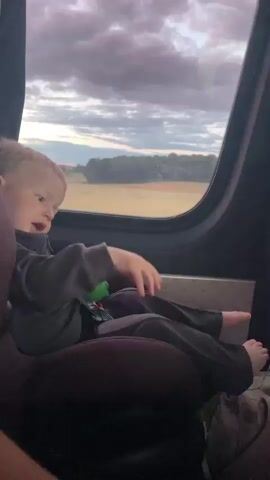 The video shows a young child sitting in a car seat facing away from the camera. The child has light-colored hair and is wearing a gray long-sleeved shirt and dark pants. Their bare feet are visible. The child is looking out of a window at a rural landscape with fields and trees under a cloudy sky. A green sippy cup is in the car seat. An adult's arm, with their hand resting on the child's leg, is visible in the foreground. The scene appears to be inside a vehicle, possibly a car or a bus, due to the window shape and the presence of the car seat. The overall lighting suggests it is either dawn or dusk.