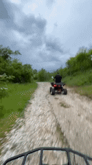 ATVs navigate muddy trails through puddles and rocky terrain
