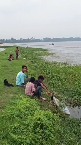 The video shows a wide shot of a calm body of water, likely a lake or river, with a dense green shoreline. In the foreground, three young males are sitting on the grassy bank. Two of them are actively fishing with rudimentary rods, one appearing to be reeling in something from the water. The third individual is observing. In the distance on the water, there are two small boats, one of which appears to be occupied by a single person. The sky is overcast, suggesting a cloudy or hazy day. The overall impression is a serene, rural scene with leisurely activity.