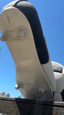 This video features a low-angle, close-up shot of a large, white and black sculpture of a soccer ball and a cleated soccer shoe. The sculpture is positioned outdoors, with a bright blue sky visible above. The soccer shoe, which appears to be a replica of a Puma cleat, is in the foreground, with its studs clearly visible. The soccer ball is behind the shoe, and an inscription is visible on its surface. The inscription reads "Скульптор Боровой А.В. 2010 год" which translates to "Sculptor Borovoy A.V. 2010 year." This suggests the sculpture was created by A.V. Borovoy in 2010.

The scene is set under a clear, sunny sky, indicating it is likely daytime. The bright lighting and clear sky suggest fair weather. The overall mood is one of outdoor display, possibly a public monument or art installation related to sports. The context provided indicates the location is Lobacheve, Ukraine, further reinforcing the idea of a public art piece in a town or city. There are no people visible in the frame, so the focus is entirely on the sculpture and its environment. The sculpture itself appears to be made of a durable material, likely concrete or stone, given its size and outdoor placement. The white parts of the sculpture show some weathering and minor cracking, suggesting it has been exposed to the elements for some time since its creation in 2010. In the background, blurry elements suggest trees and possibly buildings or a street, but these are not in focus.