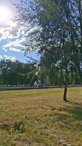 The video shows a sunny day with a blue sky and white clouds. The camera is panning across a grassy area with some trees. There are train tracks in the background, and beyond that, a few cars and buildings. A paved path is visible in the foreground. The camera appears to be moving.