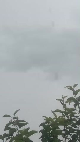 The video shows a cloudy sky with some leaves in the foreground. The clouds are gray and appear to be moving slowly. The leaves are green and appear to be from a tree or bush. The video appears to be shot in daylight, but the lighting is dim due to the clouds. There are no people or animals visible in the video. The camera is held steady throughout the video.