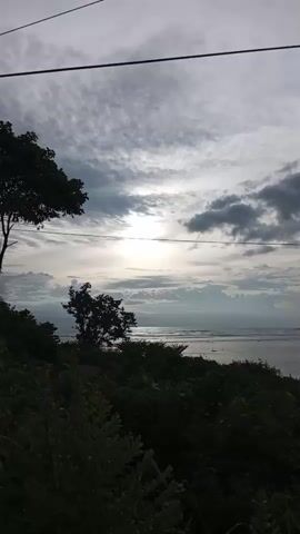 A wide-angle video begins with a view of a cloudy sky and a body of water. There is a silhouette of a tree on the left side of the frame and some vegetation in the foreground. A single wire is visible stretching across the top of the frame. As the video progresses, the camera pans slightly to the right, revealing a small island in the middle of the water. Another wire appears to the right, also running across the frame. The sun is partially visible through the clouds, casting a diffused light on the scene. The vegetation in the foreground remains visible, and the water appears calm with some distant lights or structures. The video ends with a similar view, showing the island, the water, and the cloudy sky.