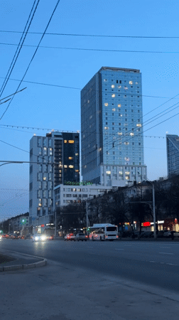 Evening traffic flows through central Ufa street