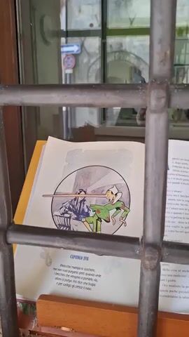 The video shows a puppet of Pinocchio with a long nose hanging by strings. The puppet is seen from the chest down and is wearing a red and white checkered shirt and blue overalls. It appears to be behind a metal grate, possibly in a shop window or display. In the background, a book with an illustration of Pinocchio is visible, as well as reflections of buildings and people in the glass. The lighting is natural, suggesting it is daytime.