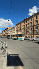 Morning scenes captured across Saint Petersburg including tram, pedestrian, museum