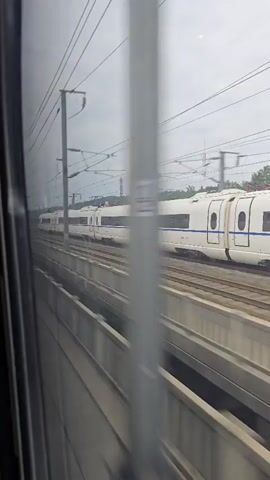 This is a point-of-view video taken from inside a moving train, looking out a window. A high-speed train, primarily white with a blue stripe and oval windows, is traveling on a parallel track in the distance. Overhead wires stretch across the gray, overcast sky, supported by tall poles. In the foreground, a raised concrete structure runs alongside the tracks, with a chain-link fence visible on top of it. The video captures the motion blur typical of a fast-moving vehicle, indicating the viewer is also on a train.