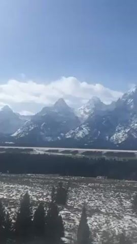 The video shows a panoramic landscape featuring snow-capped mountain peaks under a clear, blue sky with scattered clouds. A dark green forest line stretches across the middle ground, separating the mountains from a snow-dusted field in the foreground. The field is sparsely populated with small trees and vegetation. The overall impression is a serene, wintery scene.