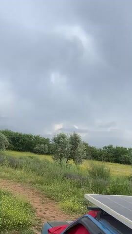 The video presents a panoramic view of a rural landscape under a heavily overcast, cloudy sky. Green fields with scattered yellow wildflowers dominate the foreground and midground, interspersed with various trees, including a prominent olive tree. In the distance, mountains are visible, partially obscured by the clouds.

As the camera pans to the right, a paved road comes into view on the left side of the frame. A black SUV, possibly a Hyundai Creta, is parked off the road in the grassy verge. Further along the road, several vehicles, including a motorcycle, are seen driving in the distance. A distinctive line of palm trees with trimmed or removed fronds (appearing as tall stumps) flanks the road and extends into the background. The scene suggests a daytime setting, despite the gray sky, in what appears to be Sidi Abdallah Ghiat, Morocco. No text is visible in the video.