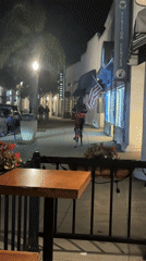 Person on power stilts carries American flag through Coronado