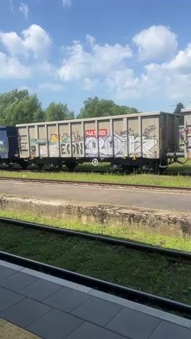 A freight train is parked at a station under a blue sky with scattered clouds. The train consists of multiple open-top rail cars, some of which are blue and others are a light tan color. The tan car in the foreground is covered in graffiti, including the words "MATRIX" and "ECON". The train is on a track next to a platform, which has a yellow safety line. Green grass grows between the tracks and the platform. Trees and buildings are visible in the background. The scene appears to be a sunny day.