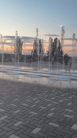 Fountain square in Alchevsk comes alive at dusk