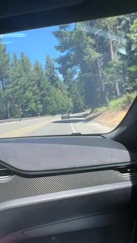 The video is filmed from inside a car, looking out the windshield. The car is driving on a paved road that curves through a forest. Tall green trees line both sides of the road, and the sky is bright blue with some sunlight filtering through the leaves. In the distance, there are two other cars on the road, both appearing to be moving away from the camera. The interior of the car is visible in the foreground, with a dashboard featuring carbon fiber accents and a dark gray suede-like material.