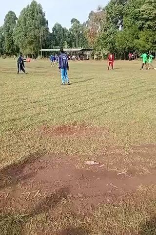 The video shows a grassy field where people are playing what appears to be a sport.  A small group of people wear matching blue and yellow outfits, while other individuals are in green or red athletic wear. There is an uneven, muddy patch in the foreground. A group of people is further back on the field, under what looks like a sheltered area. Trees surround the field.  The sky is overcast. A person in a blue jacket and pants is standing near the center of the frame. A red ball is kicked at them. Some people appear to be running or participating in some form of exercise.
