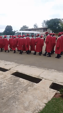 Graduation processions and a stage performance at a formal ceremony