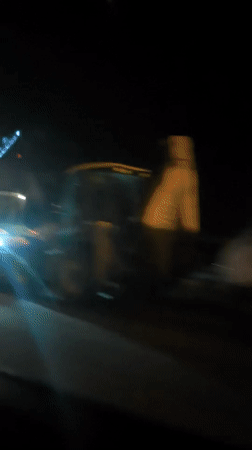 Driver records nighttime road construction in Chaikovsky, Russia