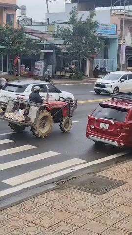 A red SUV is stopped at a crosswalk, with the back of the vehicle facing the camera. To the left of the SUV is a small red tractor with a trailer. A person wearing a dark jacket and a helmet is sitting on the tractor. The trailer attached to the tractor is carrying some items. Behind the tractor, a white SUV is visible. Further back, another white vehicle is seen. In the background, there are buildings and trees. A pedestrian crossing sign is visible on the right side of the frame. The road appears to be wet.