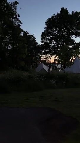 The video shows a sunrise over a body of water, possibly a lake or ocean, as seen from a grassy area with trees and glamping tents. The sky transitions from dark blue to orange and pink at the horizon. The trees are silhouetted against the morning sky, and three large, light-colored glamping tents are visible among them. A picnic table is also seen in the distance, near one of the tents.