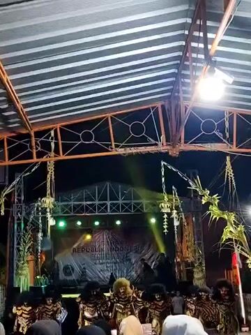A group of performers in elaborate costumes, resembling tigers or similar wild animals, stand on a stage at night. They have dark, furry outfits with distinctive facial masks that feature large, prominent teeth and mane-like hair. Some performers have blonde or light-colored hair on their masks. The stage is decorated with what appears to be dried vegetation or grass, hanging from the sides. A banner with text, partially obscured and likely in Indonesian, hangs behind the performers. Lighting rigs are visible above the stage, with bright spotlights illuminating the scene. A crowd of people, mostly out of focus and silhouetted, are visible in the foreground, facing the stage. The overall setting appears to be an outdoor event or performance space with a covered roof structure.