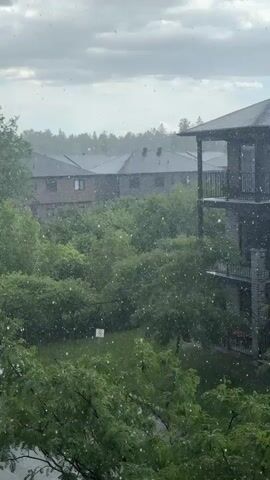 The video shows a view of a residential area during a downpour. Raindrops are visible falling through the air, some appearing as small white streaks or dots against the cloudy sky and green foliage. In the foreground, the tops of trees with lush green leaves are visible. Beyond the trees, several multi-story buildings with dark roofs and windows are situated. A balcony with railings is visible on the right side of the frame, attached to one of the buildings. The overall atmosphere suggests a heavy rain event.