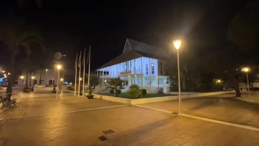 The video shows a nighttime scene in a public square. In the center is a white building with a light-colored roof, illuminated from below, casting a blueish glow. The building has a central staircase leading to an upper floor with a balcony. To the left of the building are several flags on tall poles. A small, decorative windmill is visible further to the left in the background. The square is paved with light-colored bricks arranged in a pattern. There are streetlights providing warm illumination, casting long shadows. On the left side of the square, there are benches and palm trees. The sky is dark, indicating it is nighttime. There are no people visible in the frame.