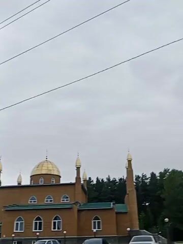 The video shows a brown brick mosque with a golden dome and minarets. There are cars parked in front of the mosque and trees in the background. The sky is cloudy.