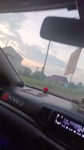The video is taken from inside a car, looking out the windshield. The dashboard is visible, with a "MARK II" emblem and a Toyota logo. A car air freshener hangs from the rearview mirror. The car appears to be driving on a rural road with houses and trees on either side. The sky is cloudy and appears to be dawn or dusk.