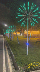Bishkek park glows with decorative lights on a summer night